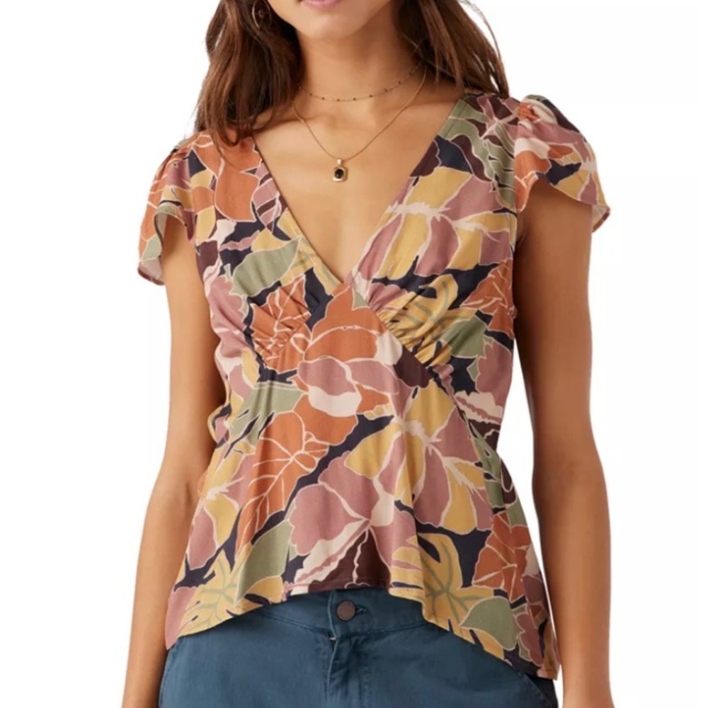ONeill Womens Tropical‎ Leaf Print Surplice V-Neck Cap Sleeve Top Multicolor L
